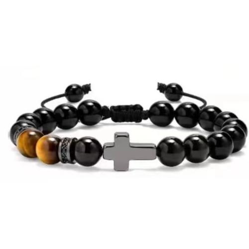 Tiger Eye Bracelet with PU Leather & Black Stone & 304 Stainless Steel & for man Length Approx 7.5-7.7 Inch Sold By PC