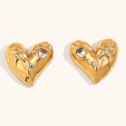 Stainless Steel Stud Øreringe, 304 rustfrit stål, Heart, forgyldt, for kvinde & med rhinestone, flere farver til valg, Solgt af par