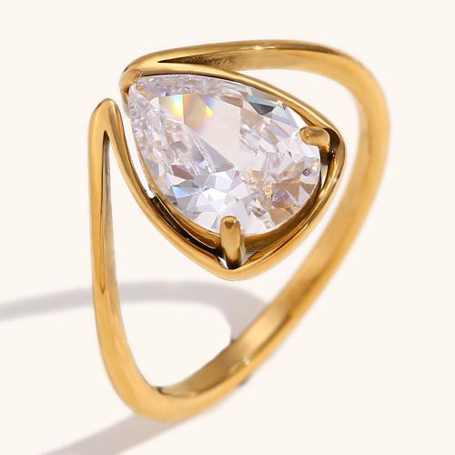 Rhinestone Stainless Steel Finger Ring 304 Stainless Steel Teardrop gold color plated & for woman & with rhinestone Sold By PC