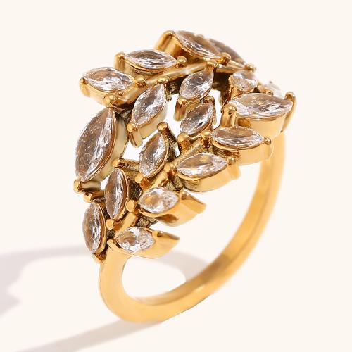 Rhinestone Stainless Steel Finger Ring 304 Stainless Steel Leaf gold color plated & for woman & with rhinestone Sold By PC