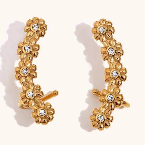 Fashion Earring Cuff and Wraps 304 Stainless Steel Flower plated for woman & with rhinestone Sold By Pair