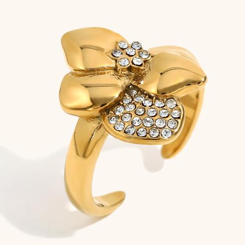 Rhinestone Stainless Steel Finger Ring 304 Stainless Steel Flower plated for woman & with rhinestone Sold By PC