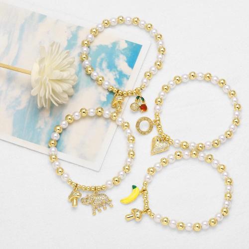 Cúbicos Circonia pulsera Latón Micro pavimenta, metal, con Perlas plásticas, chapado en color dorado, Joyería & diferentes patrones para la opción & micro arcilla de zirconia cúbica, más colores para la opción, libre de níquel, plomo & cadmio, longitud 16 cm, Vendido por UD