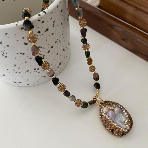 Natural Gemstone Necklace with Freshwater Pearl with 6cm extender chain fashion jewelry & with rhinestone mixed colors Length 43.5 cm Sold By PC