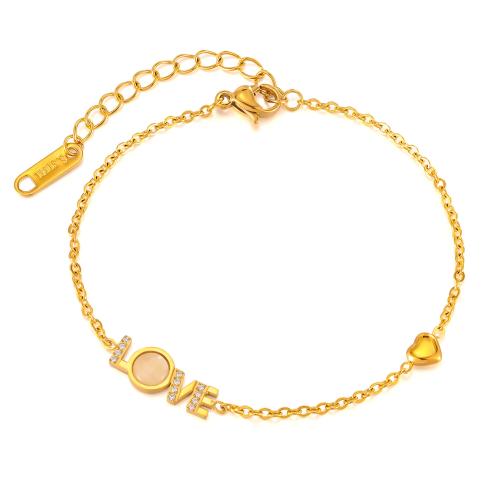 Bijoux bracelet en acier inoxydable, Acier inoxydable 304, avec Oeil de chat, avec 50mm chaînes de rallonge, poli, bijoux de mode & pour femme & avec strass, doré, Longueur 160 mm, Vendu par PC