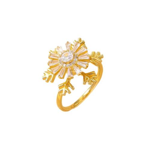 Cubic Zirconia Micro Pave Brass Ring Snowflake plated rotatable & micro pave cubic zirconia & for woman golden Sold By PC