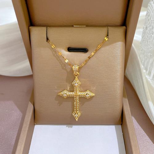 Titanium Steel Necklace with Brass Cross plated micro pave cubic zirconia & for woman gold Length Approx 21-50 cm Sold By PC