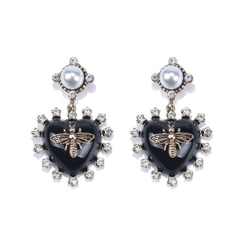 Zinc Alloy Stud Earring with Plastic Pearl & Acrylic Heart plated for woman & with rhinestone black Sold By Pair