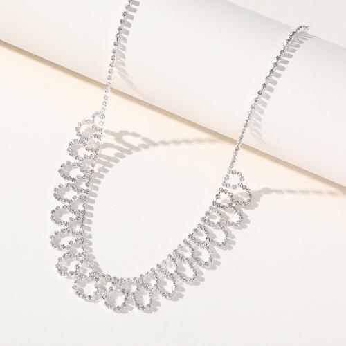 Collier en laiton, Placage, pour femme & avec strass, argent, Longueur Environ 21-50 cm, Vendu par PC