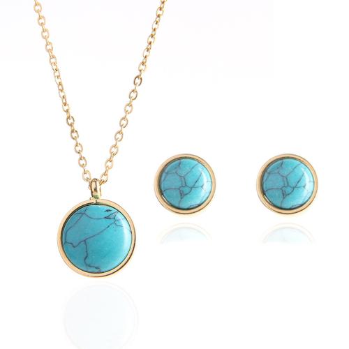 Fashion Stainless Steel Jewelry Sets Stud Earring & necklace 304 Stainless Steel with turquoise plated 2 pieces & fashion jewelry & for woman golden Sold By Set