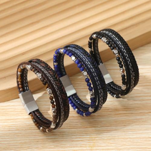 PU Leather Cord Bracelets with Gemstone Vacuum Ion Plating for man Sold By PC