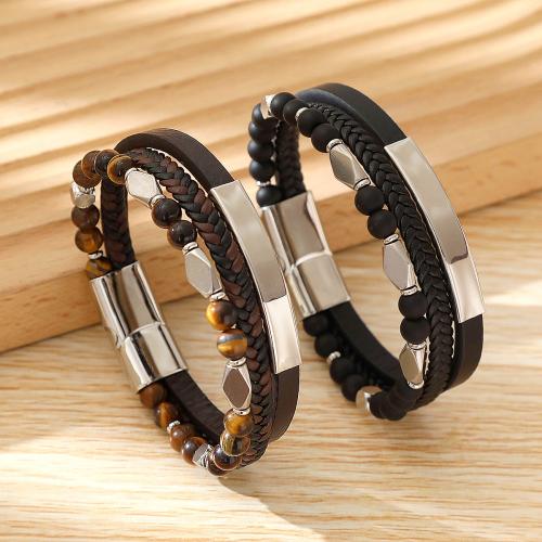 PU Leather Cord Bracelets with Gemstone Vacuum Ion Plating for man Sold By PC