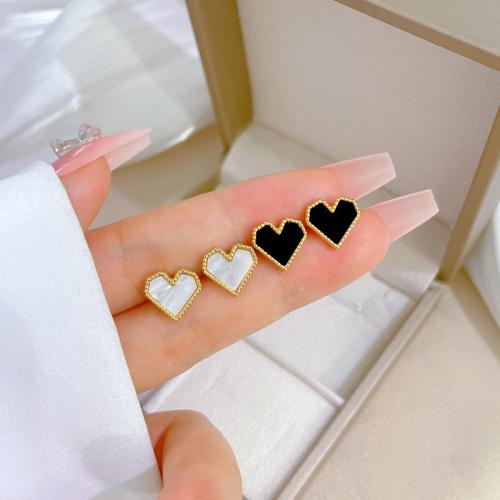 Stainless Steel Stud Earrings 304 Stainless Steel with Shell Heart Vacuum Ion Plating for woman Sold By Pair