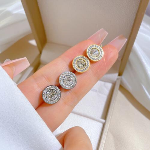 Stainless Steel Stud Earrings 304 Stainless Steel with Cubic Zirconia Round Vacuum Ion Plating for woman Sold By Pair