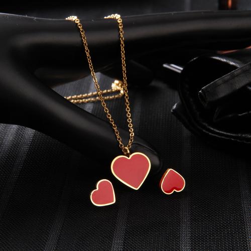 Enamel Stainless Steel Jewelry Set Stud Earring & necklace 304 Stainless Steel Heart gold color plated for woman red nickel lead & cadmium free Sold By Set