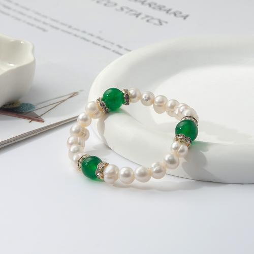 Freshwater Kulturperler Pearl Bracelet, Ferskvandsperle, med Green Calcedony, for kvinde & med rhinestone, Længde 18.5 cm, Solgt af PC