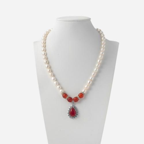 Naturlige ferskvands perle halskæde, Ferskvandsperle, med Red Agate, for kvinde & med rhinestone, rød, Længde 38 cm, Solgt af PC