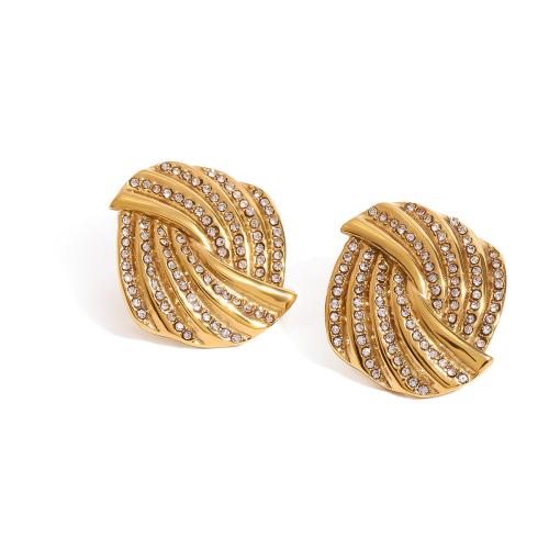 Stainless Steel Stud Earrings 304 Stainless Steel plated fashion jewelry & for woman & with rhinestone golden Sold By Pair