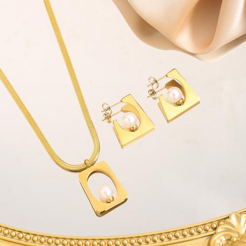 Fashion Stainless Steel Jewelry Sets 304 Stainless Steel with Plastic Pearl plated & for woman & hollow golden Sold By PC