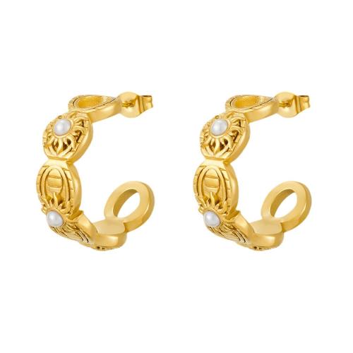 Stainless Steel Stud Earrings 304 Stainless Steel with Plastic Pearl 18K gold plated fashion jewelry & for woman & hollow Sold By Pair