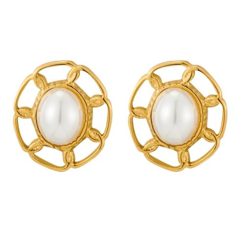 Stainless Steel Stud Earrings 304 Stainless Steel with Plastic Pearl Flower Vacuum Ion Plating & for woman & hollow golden Sold By Pair