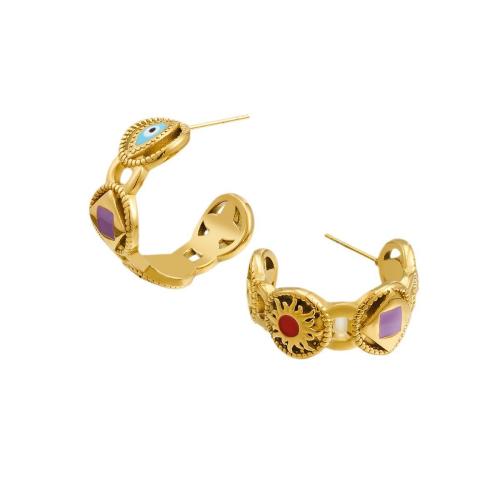 Stainless Steel Stud Earrings 304 Stainless Steel 18K gold plated for woman & enamel & hollow Sold By Pair