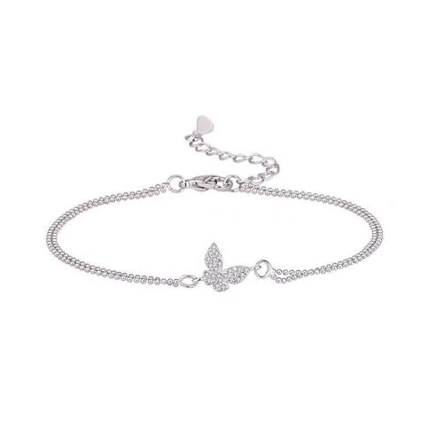 Bracelet cubique en laiton zircon pavent, avec 3CM chaînes de rallonge, papillon, Placage, pavé de micro zircon & pour femme, argent, Longueur Environ 16 cm, Vendu par PC