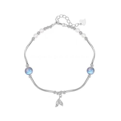 Bracelets en laiton, avec Moonstone & perle de plastique, avec 3CM chaînes de rallonge, Placage, pour femme, argent, Longueur Environ 16 cm, Vendu par PC