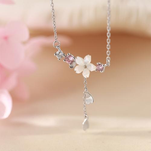 Cubic Zircon Micro Pave Brass Necklace with Shell petals plated micro pave cubic zirconia & for woman silver color Length Approx 21-50 cm Sold By PC