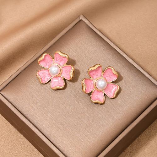 Zinc Alloy Stud Earring with Plastic Pearl petals plated for woman & enamel pink Sold By Pair