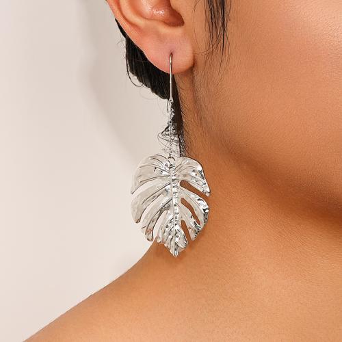 Boucles d'oreilles en alliage de zinc, feuille, Placage, pour femme, argent, Vendu par paire