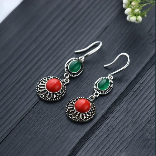 Brass Drop Earring with Jade vintage & for woman silver color 48mm Sold By Pair