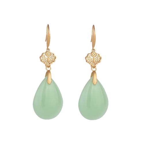 Brass Drop Earring with Jade vintage & for woman golden 58mm Sold By Pair