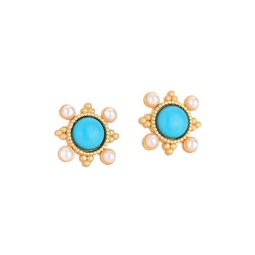 Brass Stud Earring with Turquoise & Plastic Pearl vintage & for woman golden Sold By Pair