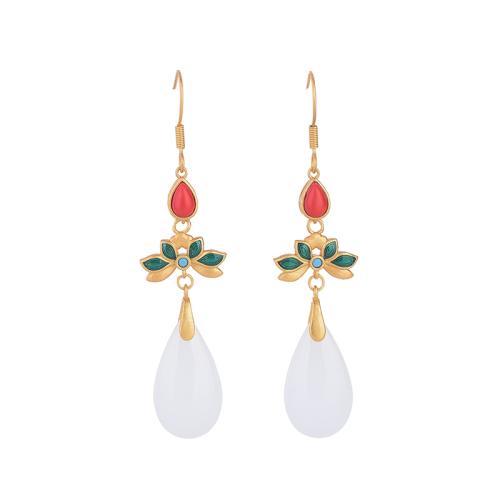 Brass Drop Earring with Jade vintage & for woman & enamel golden 65mm Sold By Pair