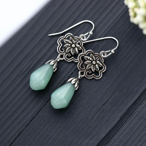 Brass Drop Earring with Jade vintage & for woman silver color 47mm Sold By Pair