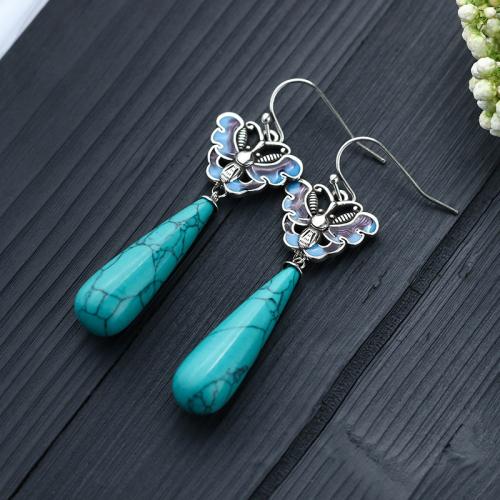 Boucles d'oreilles pendantes en laiton, avec turquoise synthétique, Vintage & pour femme & émail, argent, 58mm, Vendu par paire