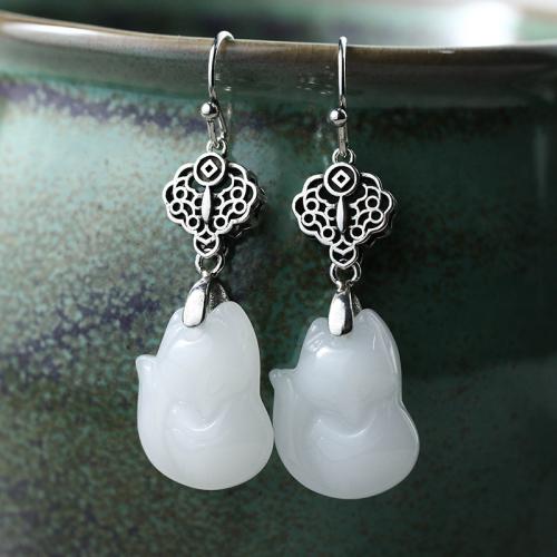 Brass Drop Earring with Jade vintage & for woman silver color 44mm Sold By Pair