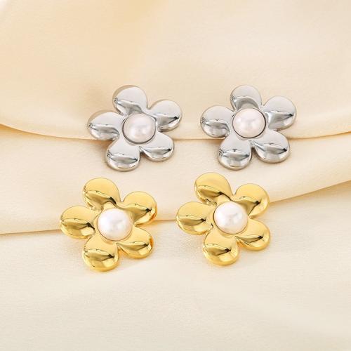 Stainless Steel Stud Earrings 304 Stainless Steel with Plastic Pearl Flower Vacuum Ion Plating for woman Sold By Pair