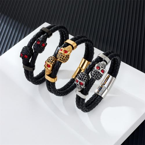 PU Leather Cord Bracelets Vacuum Ion Plating for man & with rhinestone Sold By PC