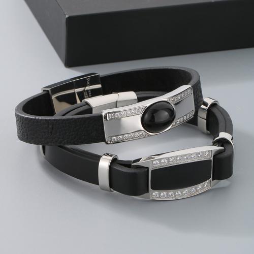 PU Leather Cord Bracelets Vacuum Ion Plating for man & with rhinestone Sold By PC