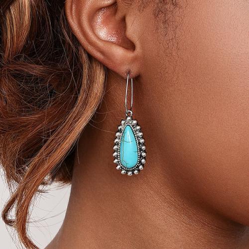 Boucle d’oreille goutte strass Hoop, alliage de zinc, avec turquoise synthétique, Placage, pour femme, couleur originale, Vendu par paire