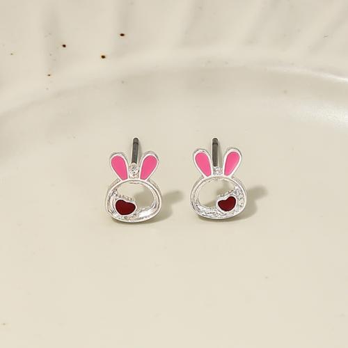 Zinc Alloy Stud Earring Rabbit plated for woman & enamel silver color Sold By Pair