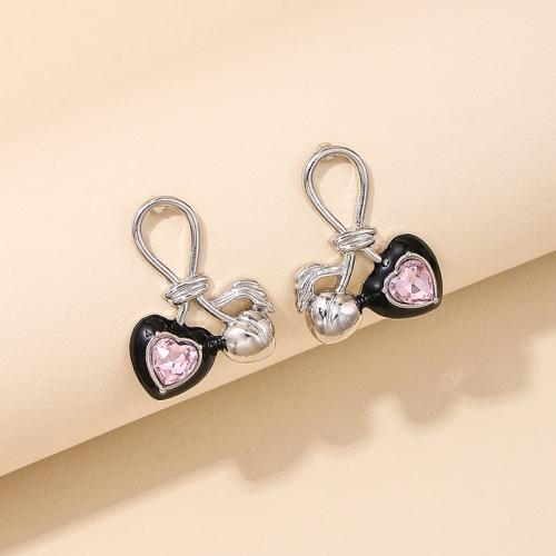 Zinc Alloy Stud Earring Cherry plated micro pave cubic zirconia & for woman & enamel silver color Sold By Pair