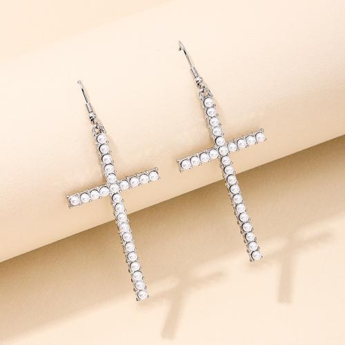 Zinc Alloy Drop Earrings with Plastic Pearl Cross plated for woman Sold By Pair