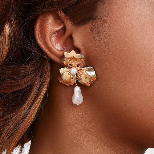 Lo zinco in lega Stud Earring, lega in zinco, with perla in plastica, Petali, placcato, per la donna, oro, Venduto da coppia