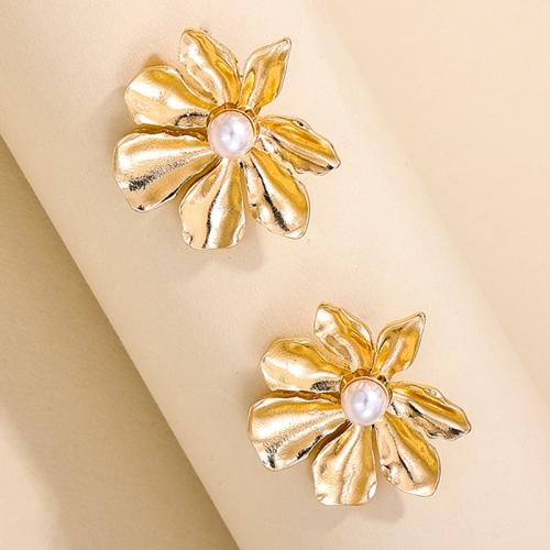 Lo zinco in lega Stud Earring, lega in zinco, with perla in plastica, Petali, placcato, per la donna, oro, Venduto da coppia