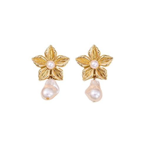 Lo zinco in lega Stud Earring, lega in zinco, with perla in plastica, Petali, placcato, per la donna, oro, Venduto da coppia