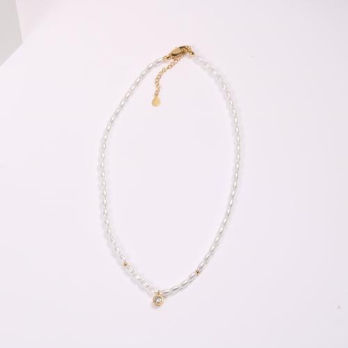 Collar de Acero Titanio, Partículas de acero, con Perlas plásticas, chapado, micro arcilla de zirconia cúbica & para mujer, dorado, longitud aproximado 41-50 cm, Vendido por UD