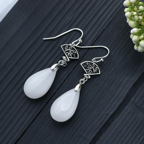 Brass Drop Earring with Jade vintage & for woman silver color 50mm Sold By Pair